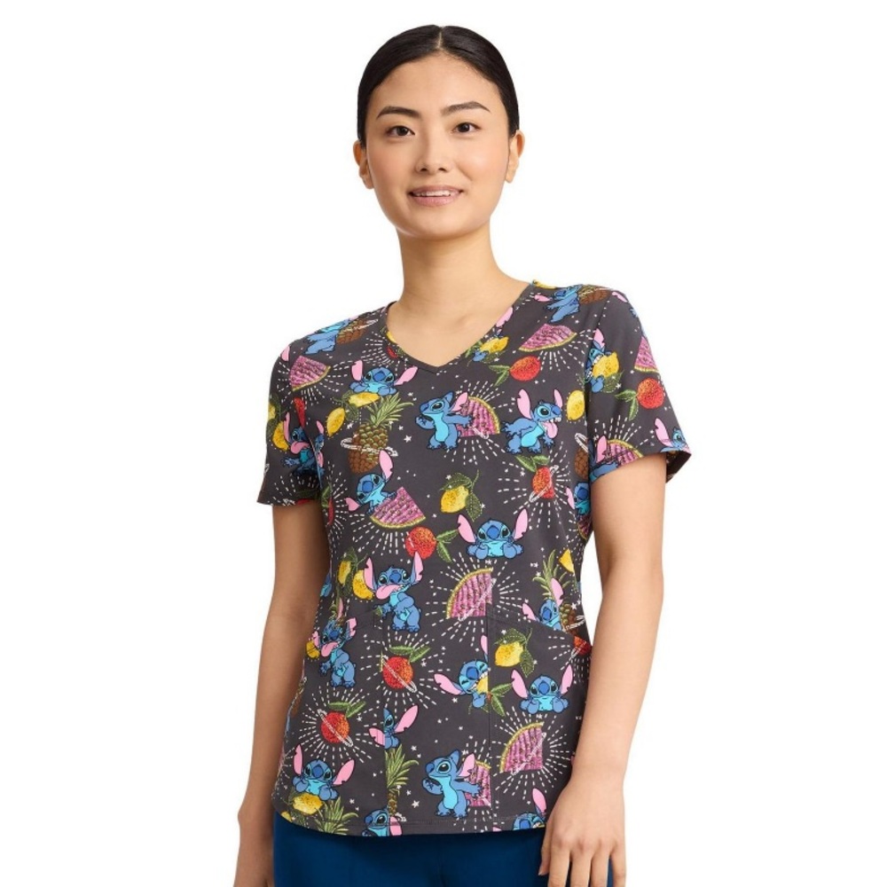 NWT Disney Stitch XXL Scrubstar Women's Space Fruit V-Neck Print Scrub Top